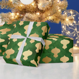 Elegant green gold Christmas ornaments pattern Wrapping Paper