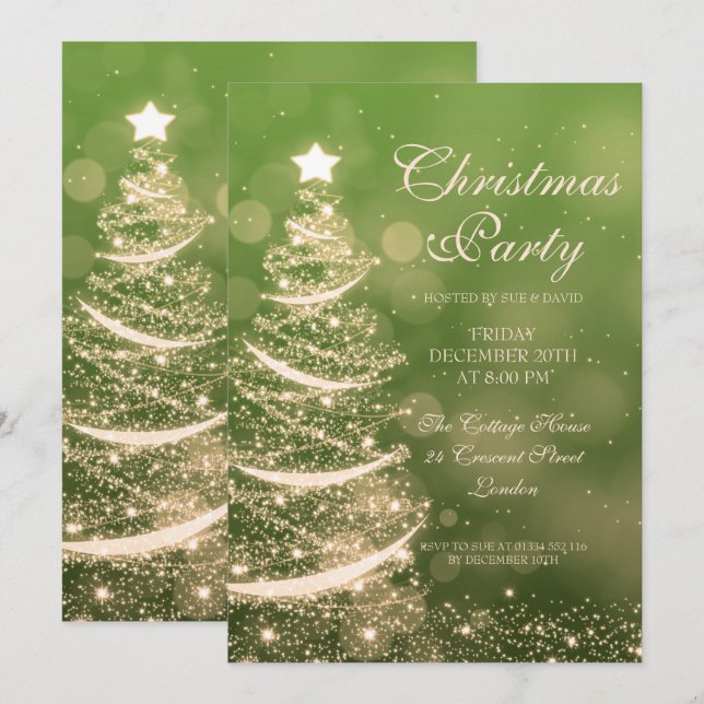 Elegant Green & Gold Christmas Party Sparkle Invitation (Front/Back)