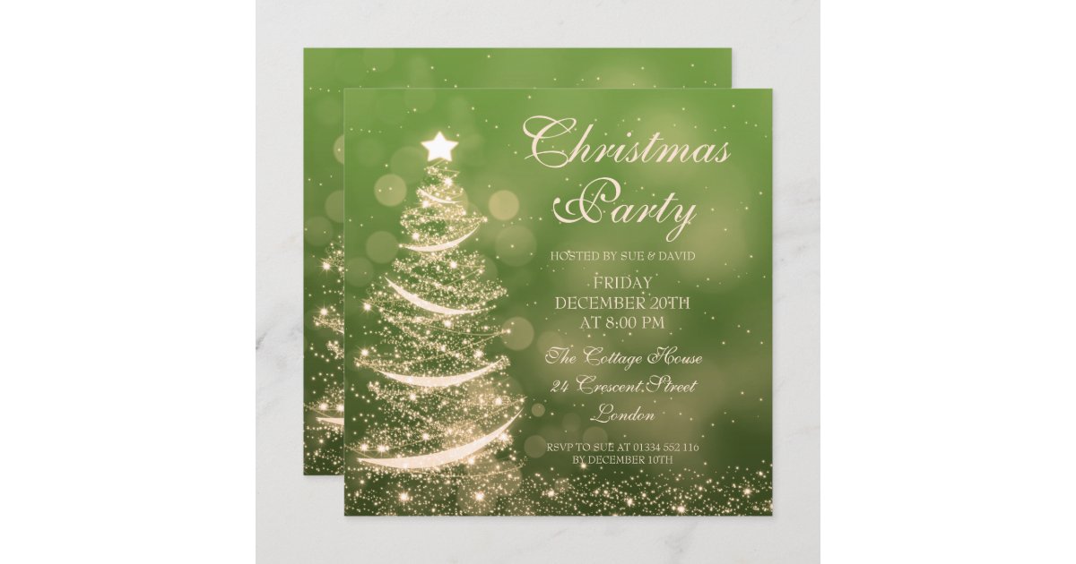 Elegant Green & Gold Christmas Party Sparkle Invitation | Zazzle