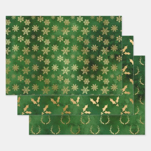 Elegant green  gold Christmas patterns   Wrapping Paper Sheets