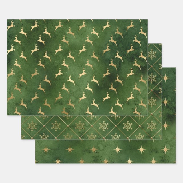 Elegant green & gold Christmas patterns   Wrapping Paper Sheets (Set)