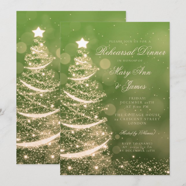 Elegant Green & Gold Christmas Rehearsal Dinner Invitation (Front/Back)