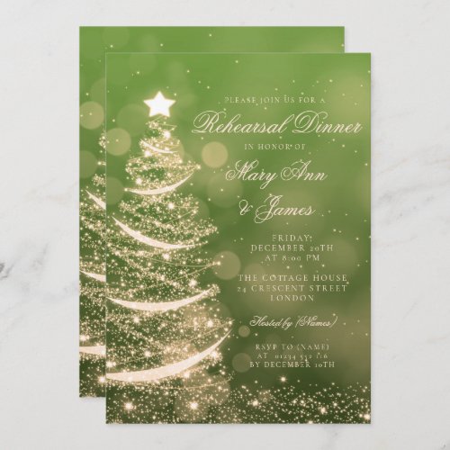 Elegant Green  Gold Christmas Rehearsal Dinner Invitation