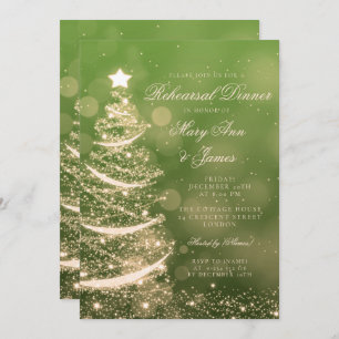 Elegant Green & Gold Christmas Rehearsal Dinner Invitation