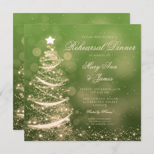 Elegant Green  Gold Christmas Rehearsal Dinner Invitation