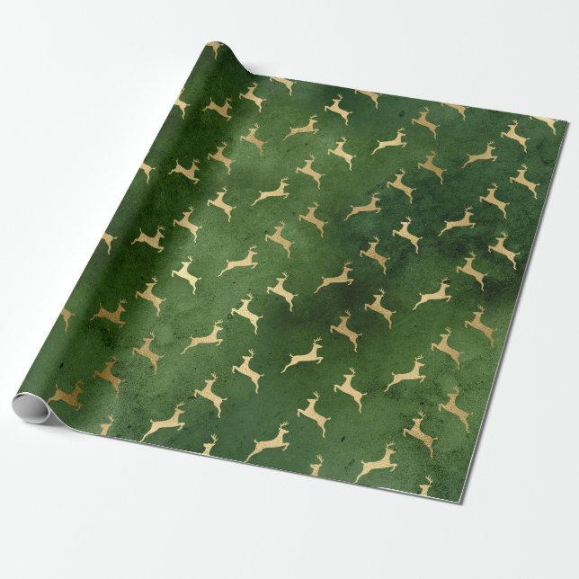 Elegant green & gold Christmas reindeer pattern Wrapping Paper (Unrolled)