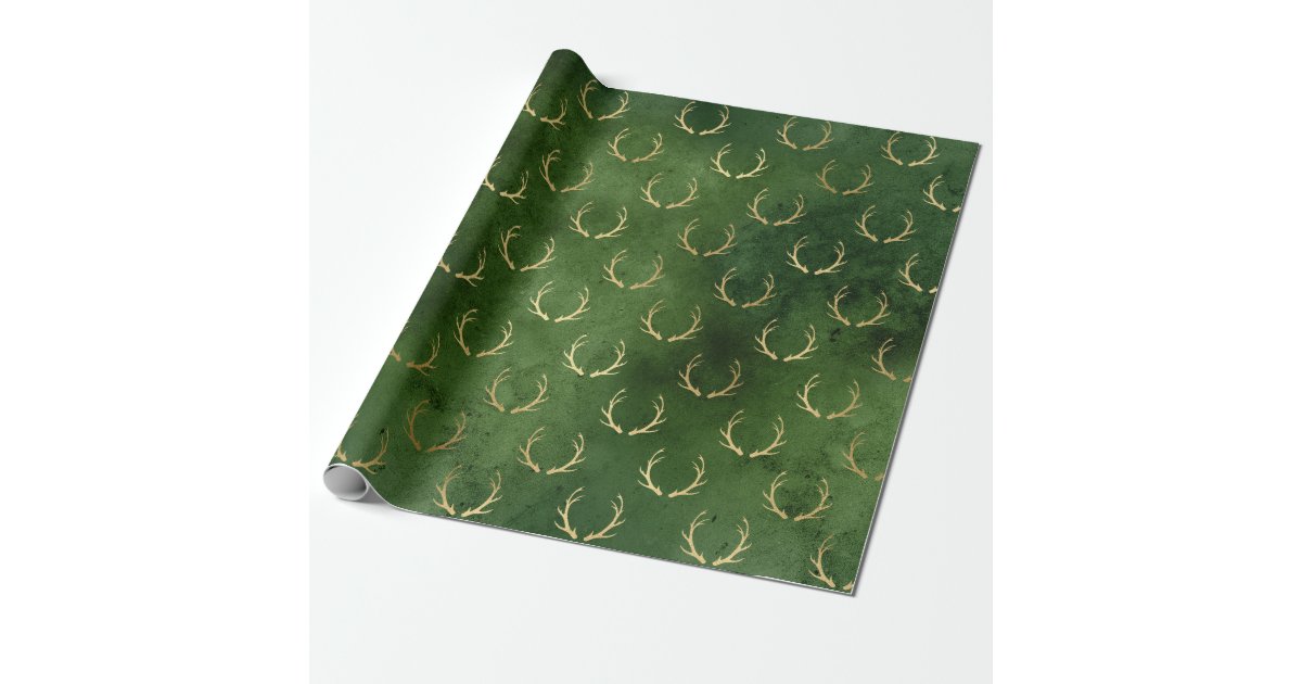 Elegant green & gold Christmas reindeer pattern Wrapping Paper | Zazzle