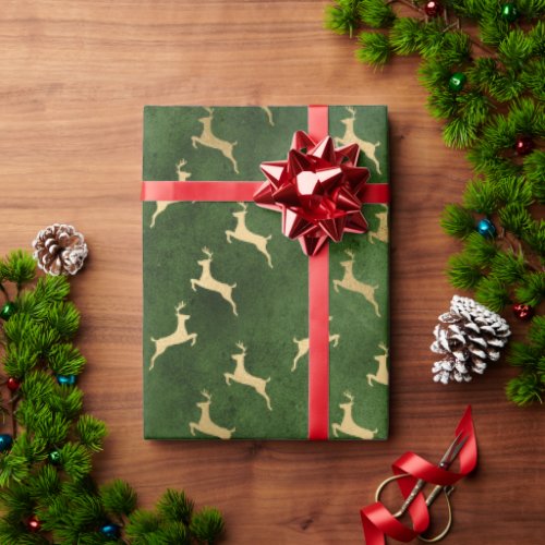 Elegant green  gold Christmas reindeer pattern Wrapping Paper