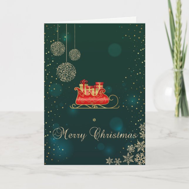 Elegant Green,Gold Christmas Sleigh Snowflakes Holiday Card (Front)