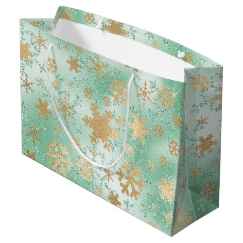 Elegant Green  Gold Christmas Snowflake Pattern Large Gift Bag