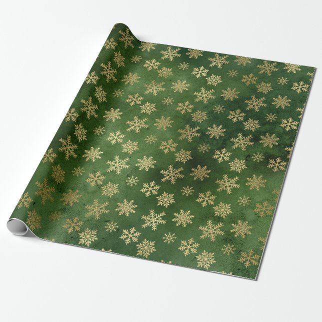 Elegant green & gold Christmas snowflake pattern Wrapping Paper (Unrolled)