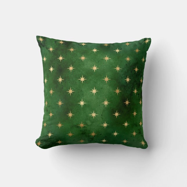 Elegant green & gold Christmas star pattern Throw Pillow (Front)