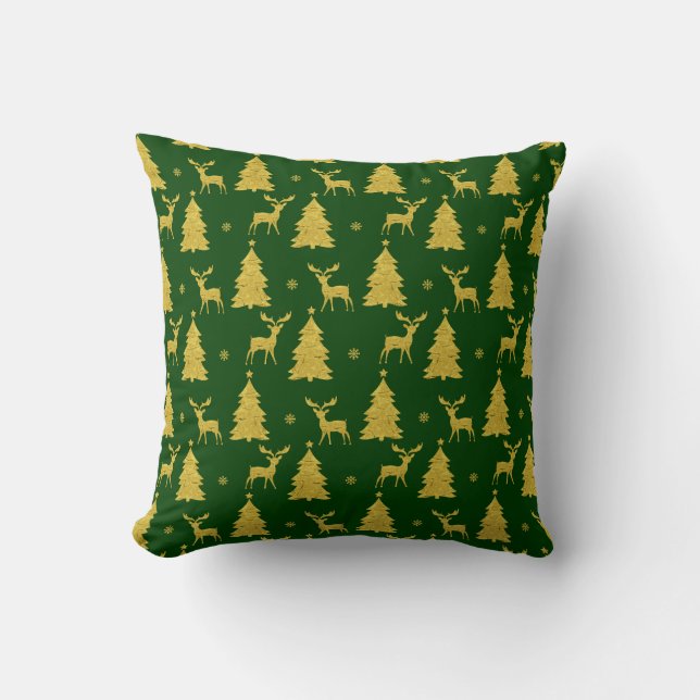Elegant Green Gold Christmas Tree Reindeer Stylish Throw Pillow (Front)