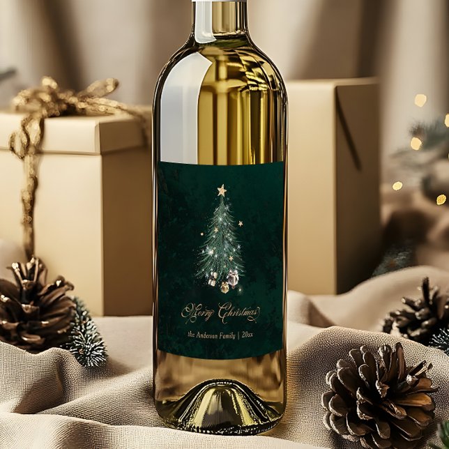Elegant Green Gold Christmas Tree Wine Label (Creator Uploaded)