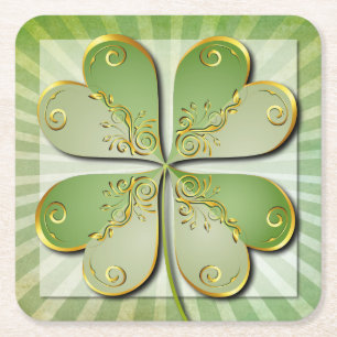 Elegant Green Gold Clover St Patrick's Day Party Square Paper Coaster