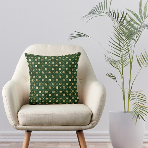 Elegant Green Gold Clover Throw Pillow