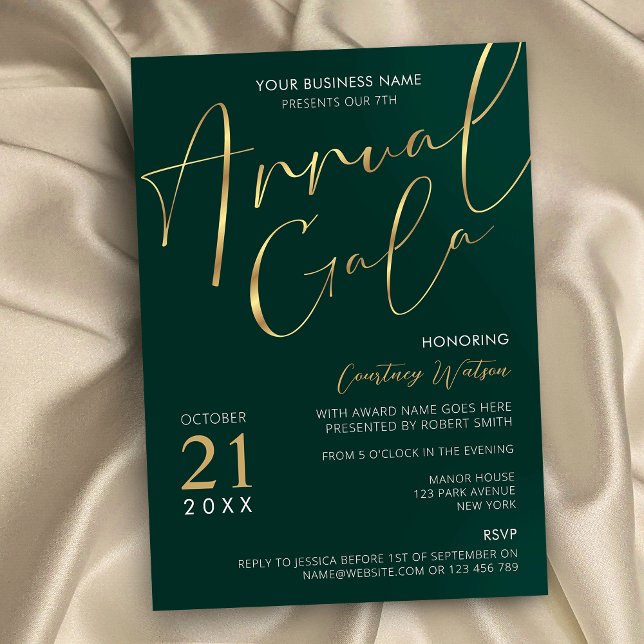 Elegant Green & Gold Company Event Annual Gala Invitation (Emerald green and faux gold business annual gala night invitation with elegant script fonts)