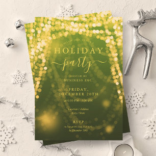Elegant Green Gold Company Holiday String Lights Invitation
