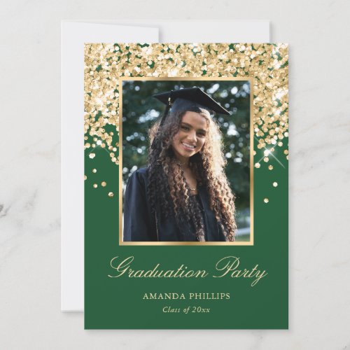 Elegant Green Gold Confetti Photo Grad Party Invitation