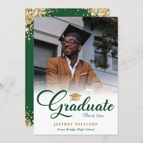 Elegant Green Gold Confetti Photo Graduation Party Invitation