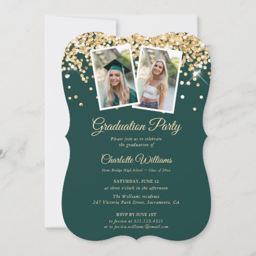 Elegant Green Gold Confetti Photo Graduation Party Invitation