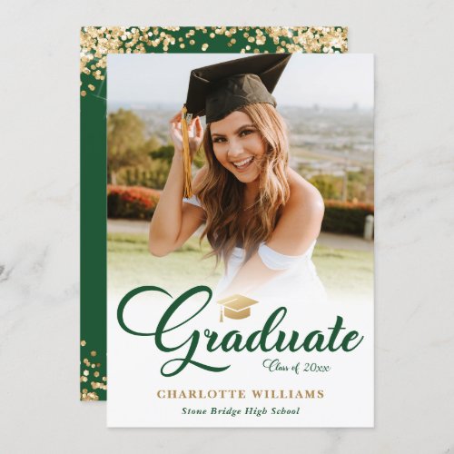 Elegant Green Gold Confetti Photo Graduation Party Invitation