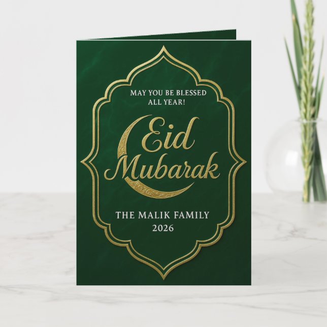 Elegant Green & Gold Crescent Moon Eid Card (Front)