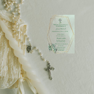 Elegant Green & Gold Cross Baptism Invitation 