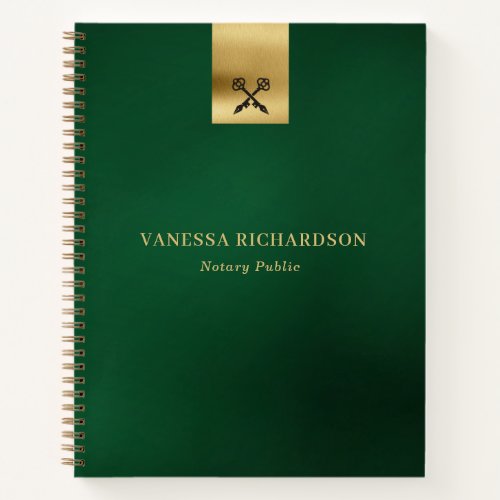 Elegant Green  Gold Cross Pen Logo Modern Notary  Notebook