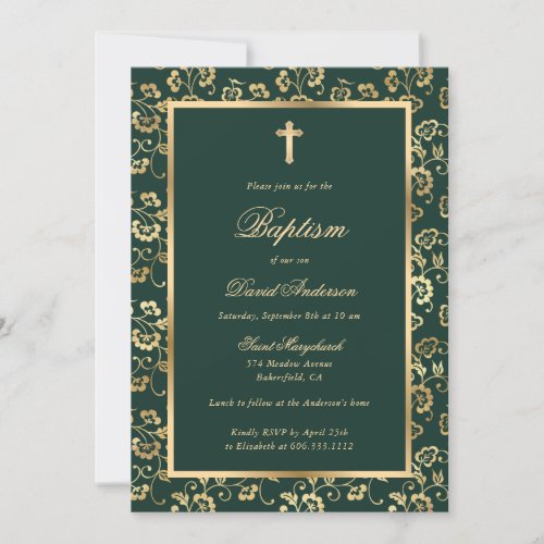 Elegant Green Gold Cross Script Floral Baptism Invitation