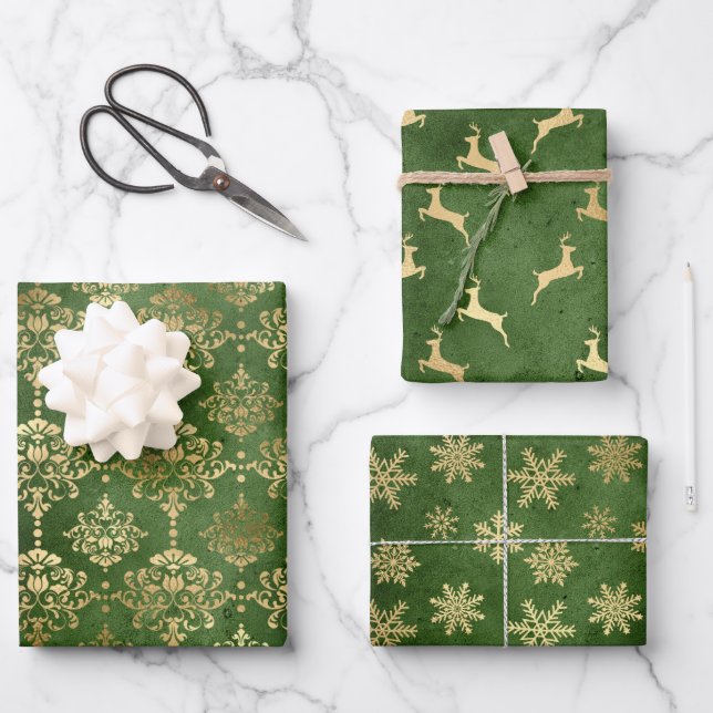 Elegant Green Gold Damask Reindeer Snowflakes Wrapping Paper Sheets (Front)