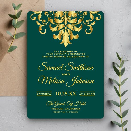Elegant Green Gold Damask Wedding Invitation