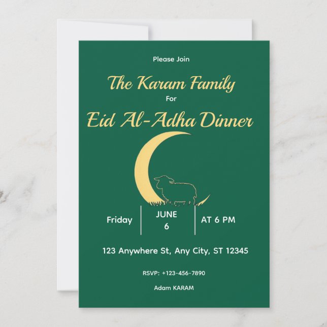 Elegant Green Gold Eid al-adha Dinner  Invitation (Front)