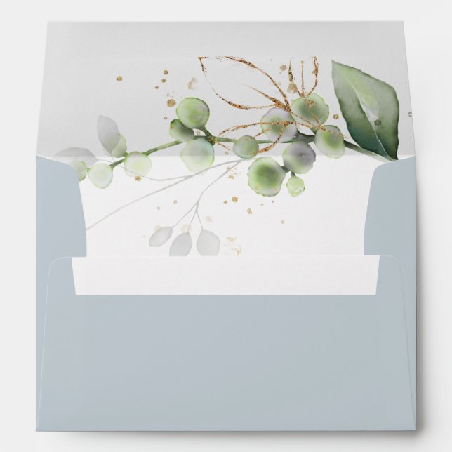 Elegant Green Gold Eucalyptus Dusty Blue Wedding  Envelope (Back (Bottom))