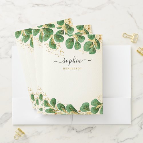Elegant Green Gold Eucalyptus Greenery Monogrammed Pocket Folder