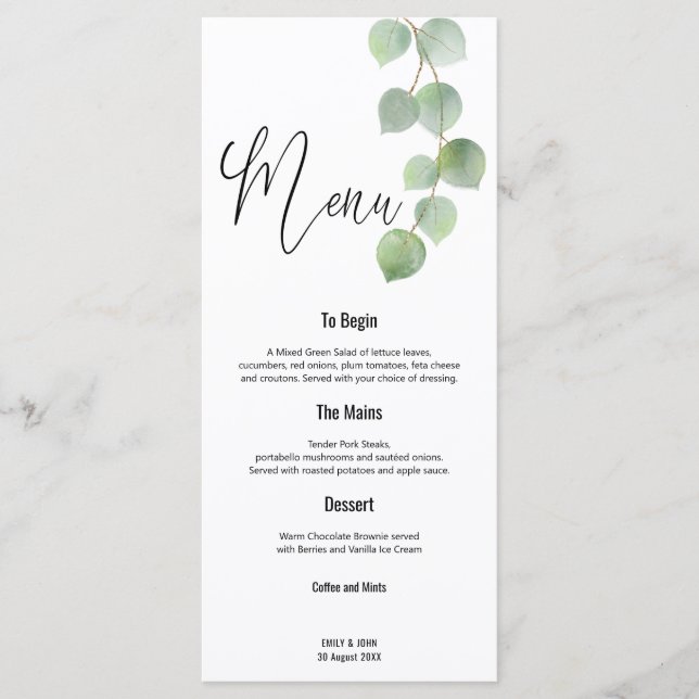 Elegant Green Gold Eucalyptus Leaf Script wedding Menu (Front)