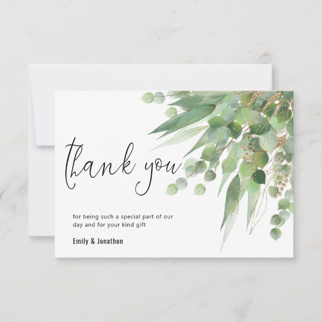 Elegant Green Gold Eucalyptus Leaves Script Photo Thank You Card (Front)