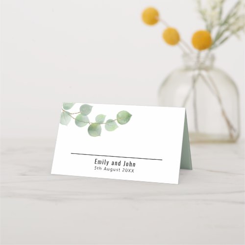 Elegant Green Gold Eucalyptus Names Date Wedding Place Card