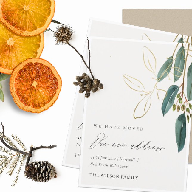Elegant Green Gold Eucalyptus We have Moved Card (Creator Uploaded)