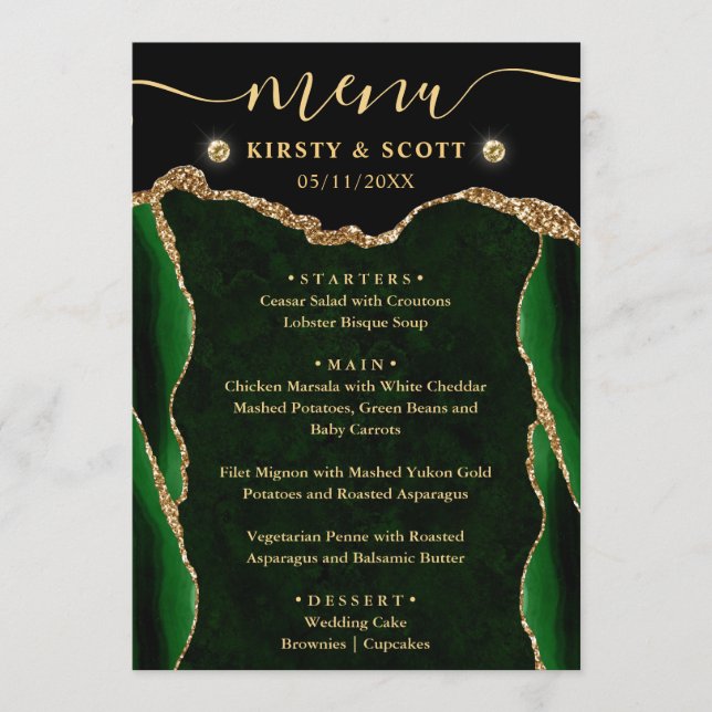 Elegant Green & Gold Faux Glitter Agate Wedding Menu (Front)