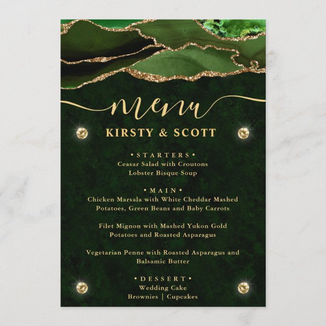 Elegant Green & Gold Faux Glitter Agate Wedding Menu (Front)