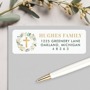 Elegant Green Gold Floral Cross Baptism Address Label
