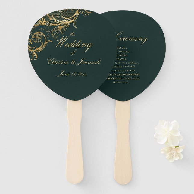 Elegant Green Gold Floral Damask Script Wedding Hand Fan (Front and Back)