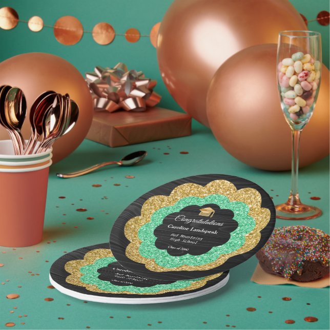 Elegant Green Gold Floral Graduation Party Paper Plates (Multi)