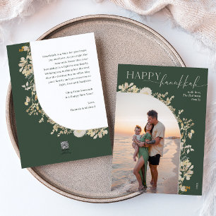 Elegant Green Gold Floral Happy Hanukkah  Holiday Card