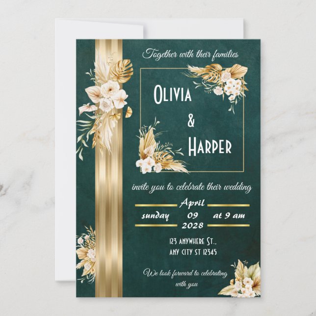 Elegant Green & Gold Floral Invitation (Front)
