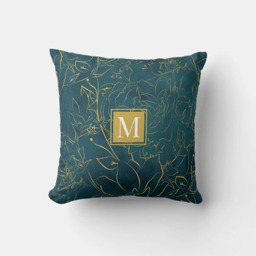 elegant green gold floral Monogram Throw Pillow