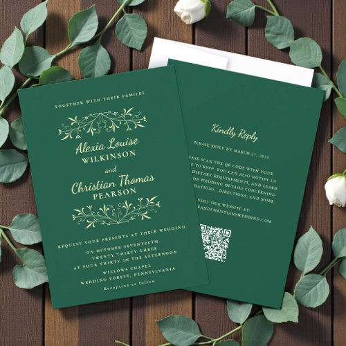 Elegant Green Gold Floral Wedding / QR Code RSVP Invitation
