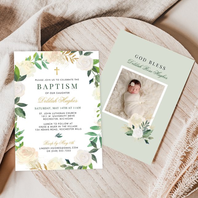 Elegant Green Gold Floral Wreath Girl Baptism Invitation (Creator Uploaded)