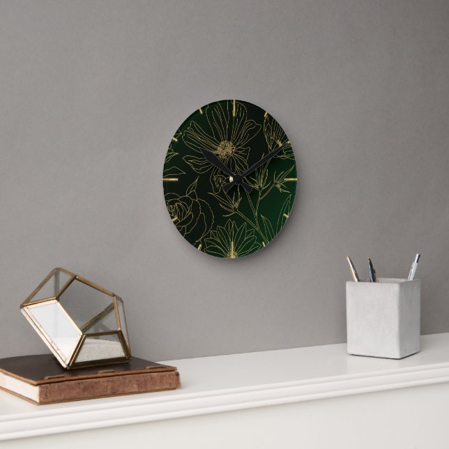 Elegant Green Gold Flowers Botanical Round Clock (Office)